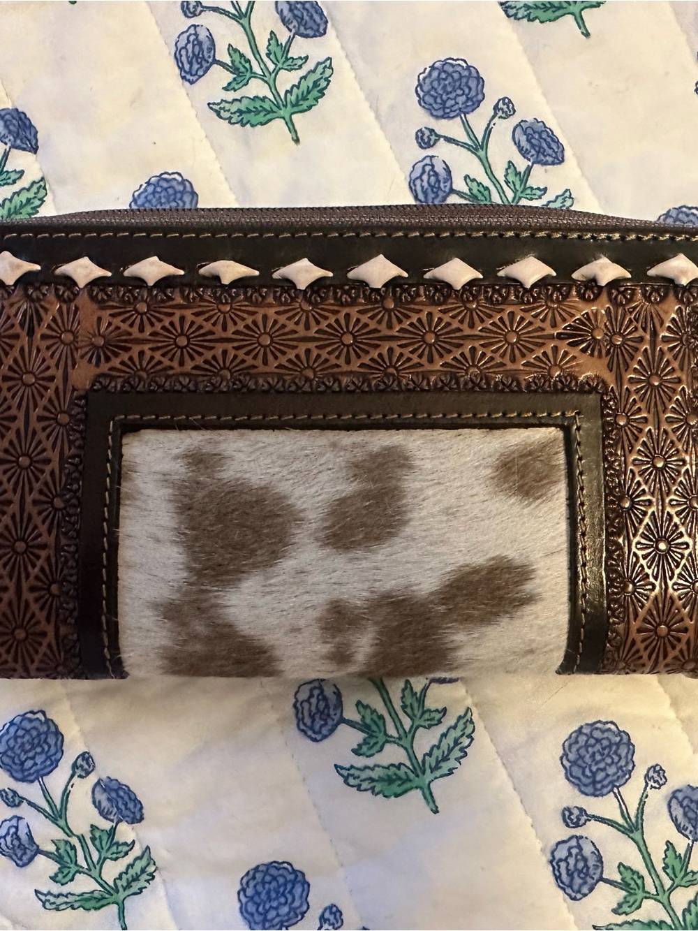 Tooled Brown Leather & Cowhide Wallet